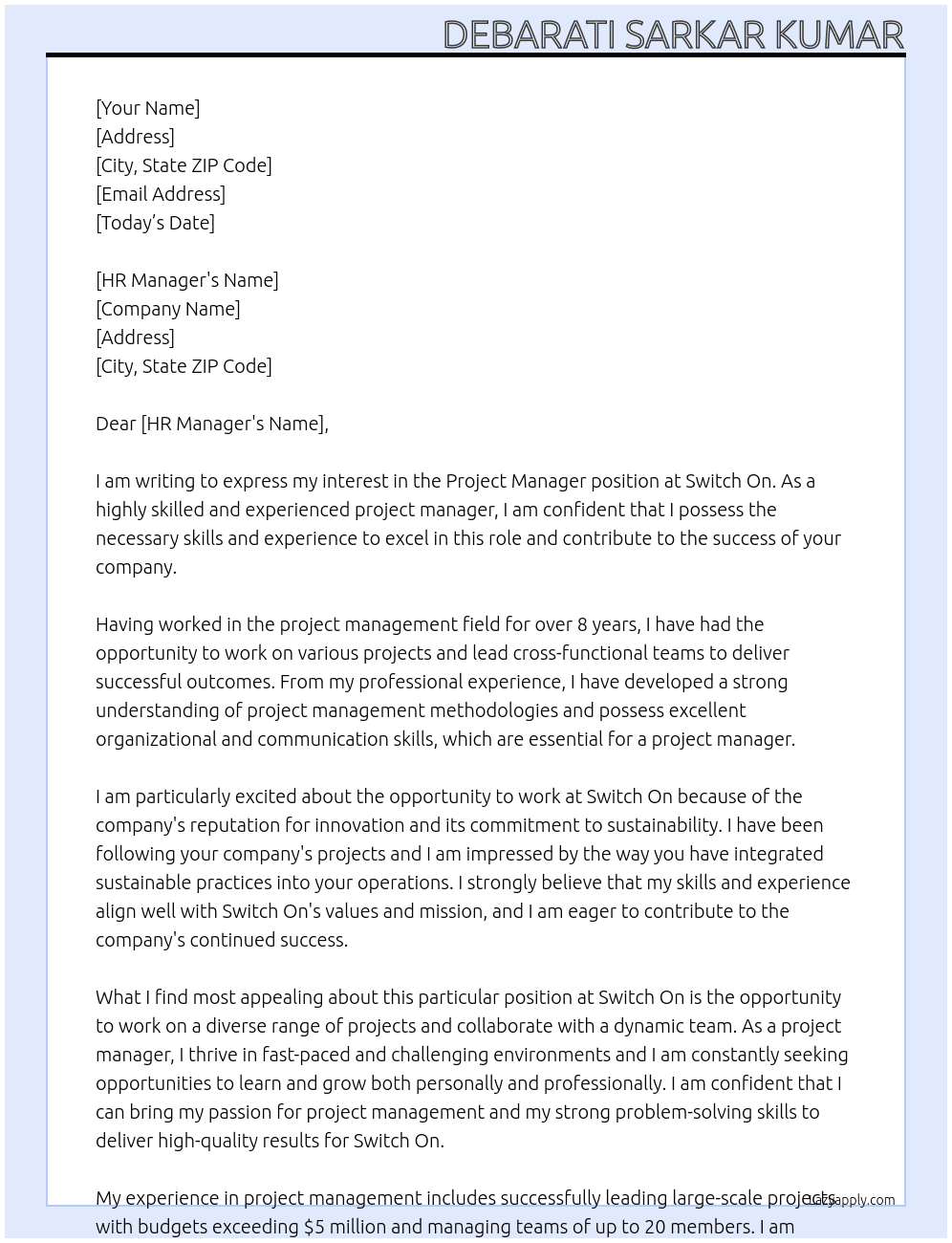 Project manager  At Switch On Cover Letter