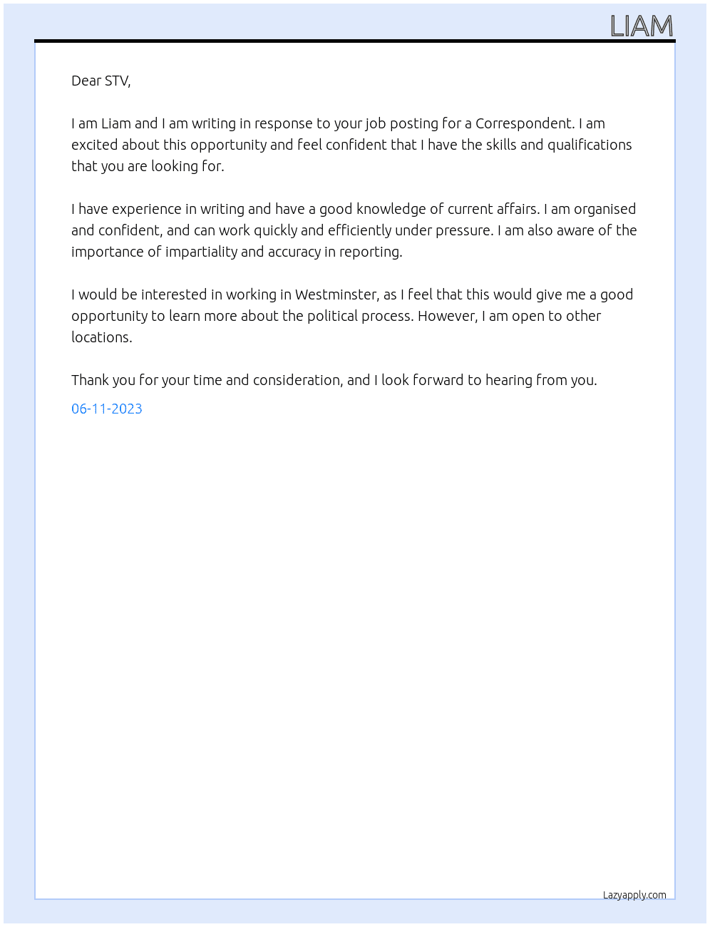 Correspondent At STV Cover Letter