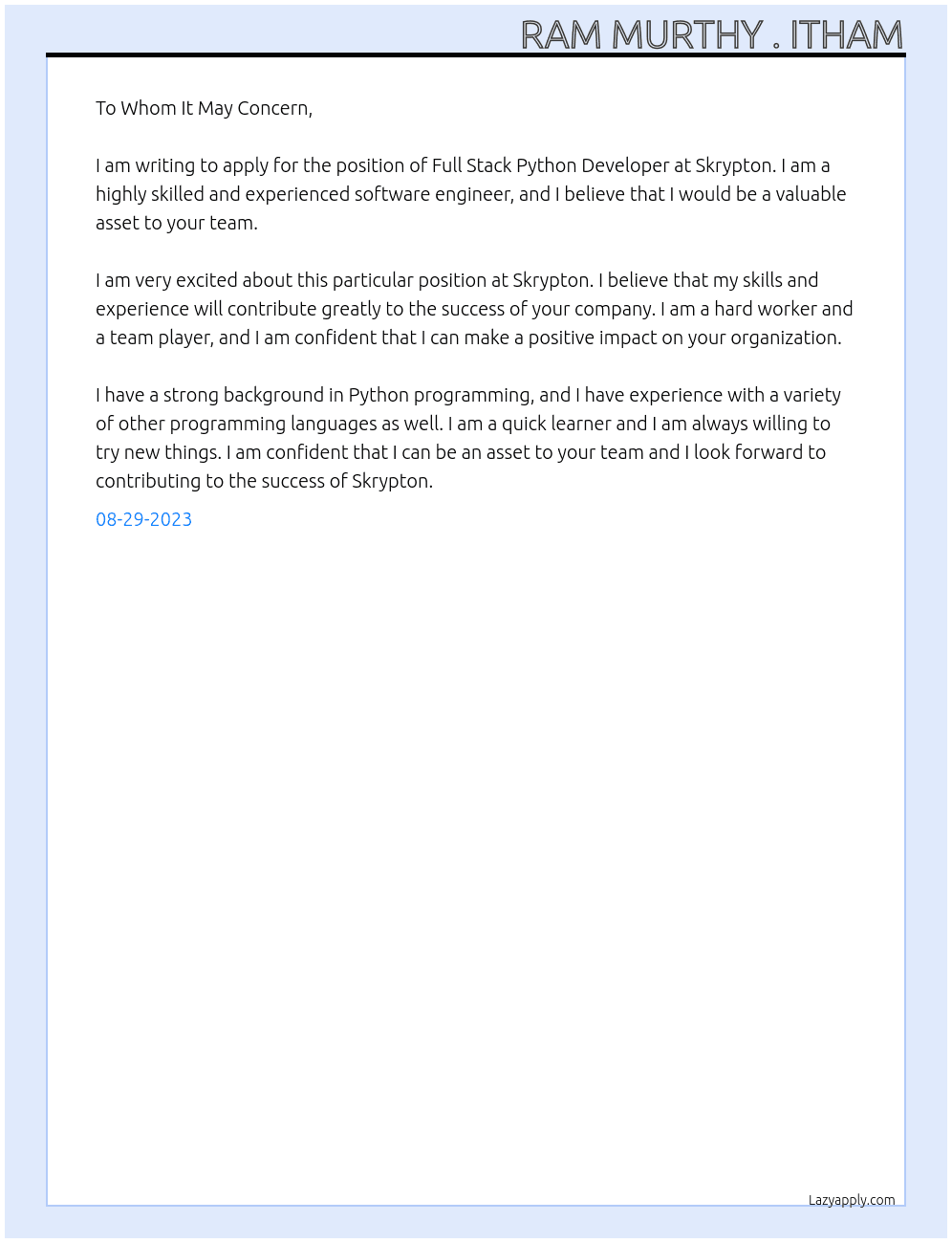 full stack python developer At Skrypton Cover Letter