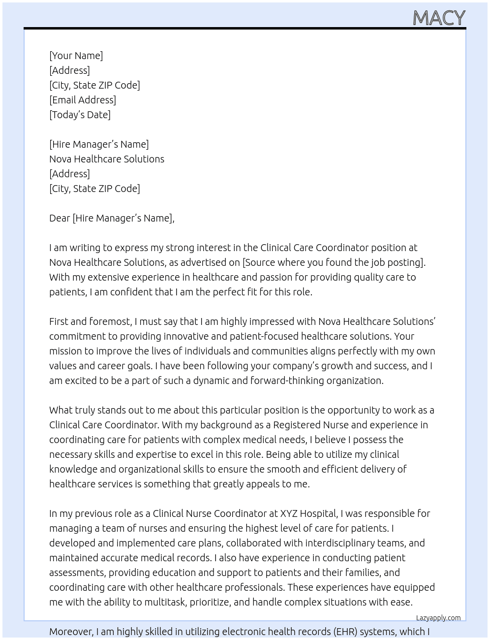 Clinical care coordinator  At Nova healthcare solutions  Cover Letter