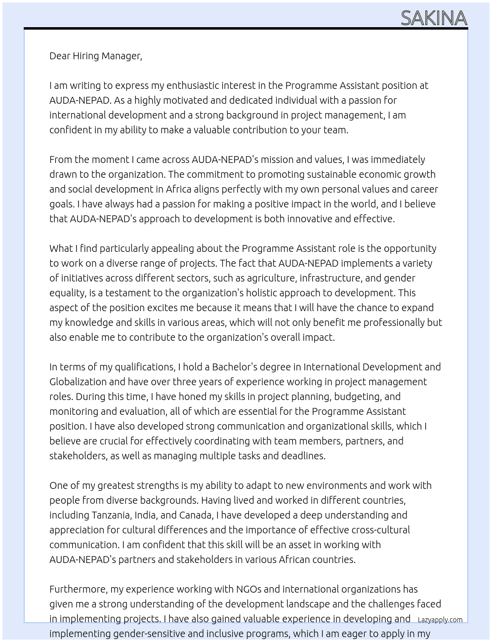 Programme Assistant At AUDA-NEPAD Cover Letter
