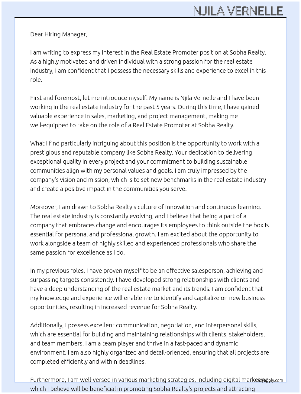 Real estate promoter  At Sobha Realty  Cover Letter