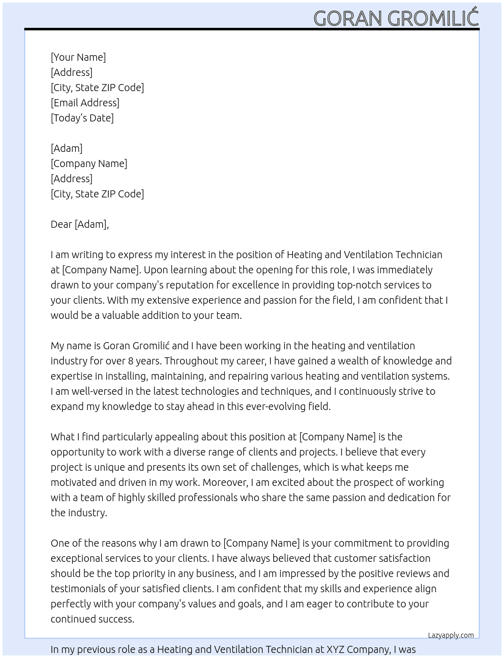 Cover letter for heating and ventilation techniciant - LazyApply