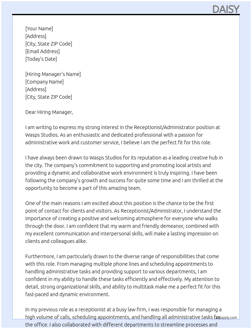 Receptionist/Administrator At Wasps Studios Cover Letter