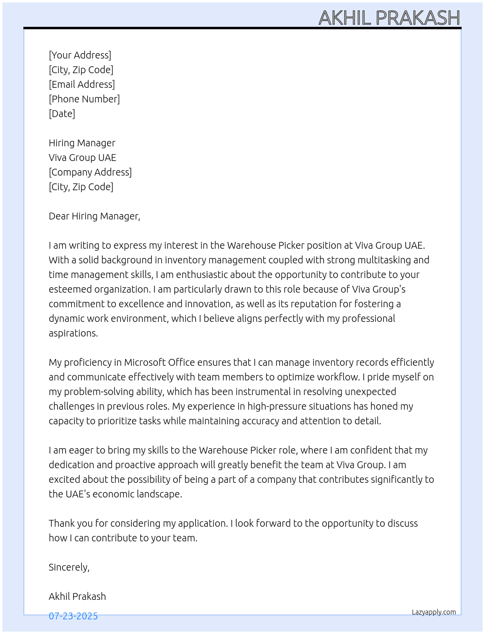 Warehouse Picker At Viva Group UAE Cover Letter