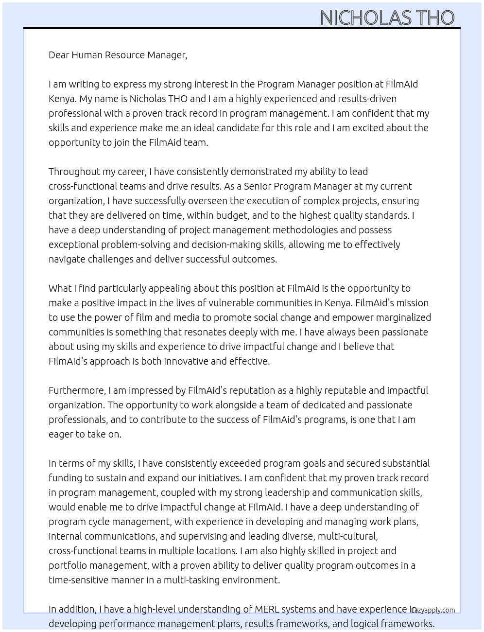 Program Manager At FilmAid Kenya Cover Letter