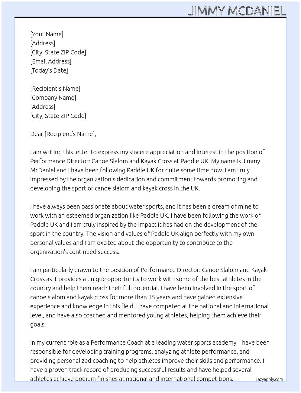 Performance Director: Canoe Slalom and Kayak Cross At Paddle UK Cover Letter