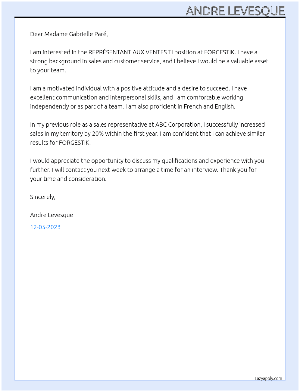 REPRÉSENTANT AUX VENTES TI At FORGESTIK Cover Letter