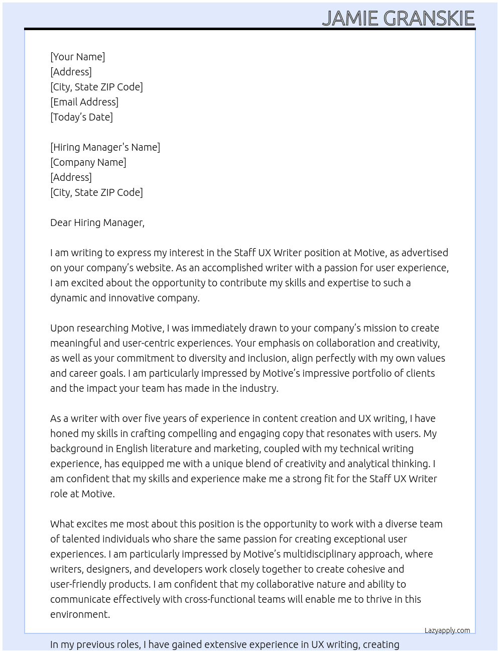 Cover letter for staff ux writer - LazyApply