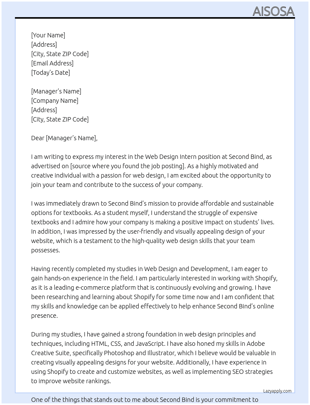 Web Design Intern (shopify) At Second bind Cover Letter