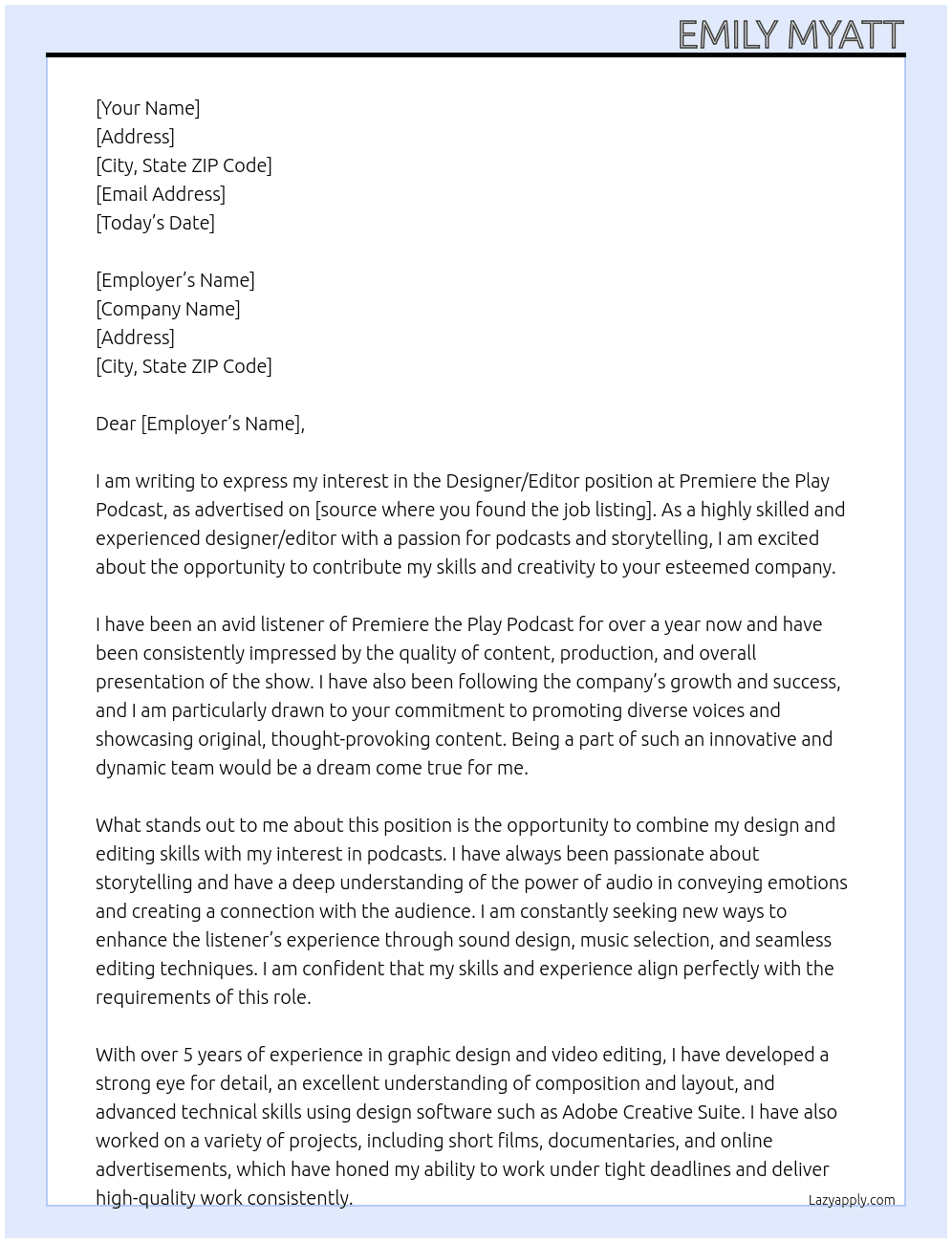 designer/editor At Premiere the Play Podcast Cover Letter