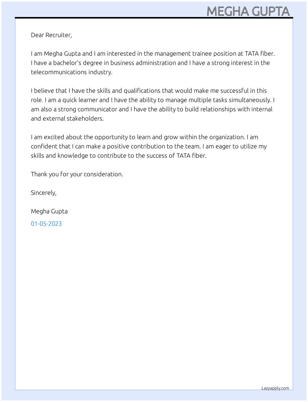 Management trainee  At TATA fiber  Cover Letter