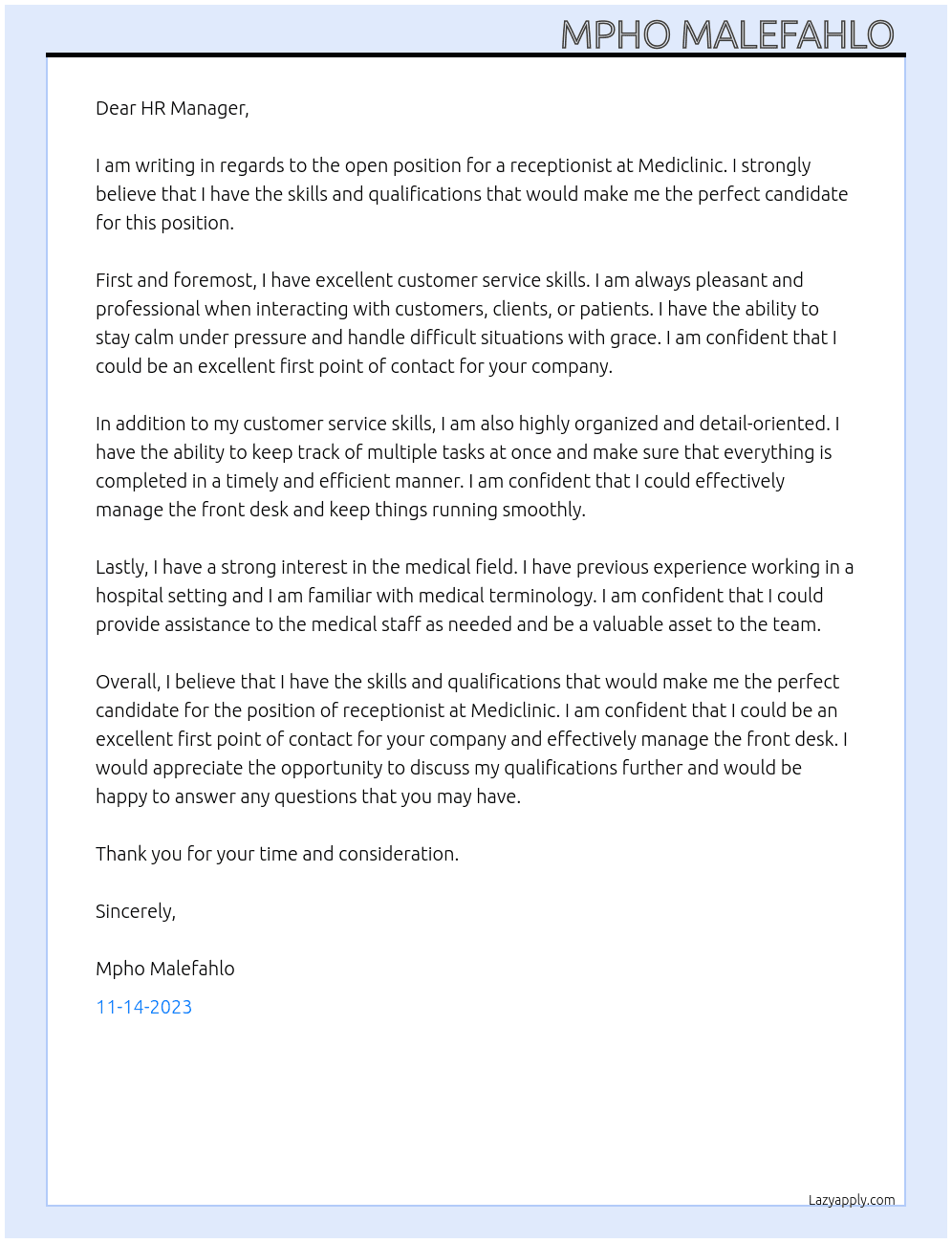 Receptionist  At Mediclinic Cover Letter