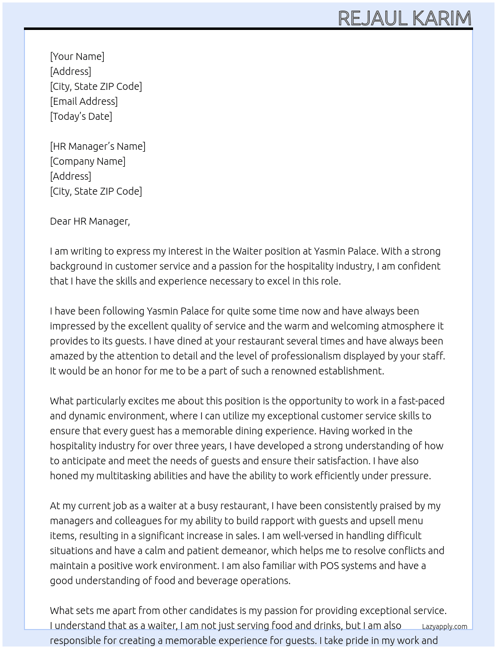 Waiter At Yasmin Palace Cover Letter