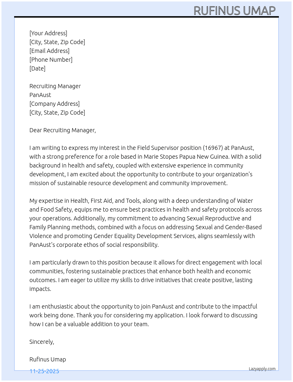 Field Supervisor (16967) At PanAust Cover Letter