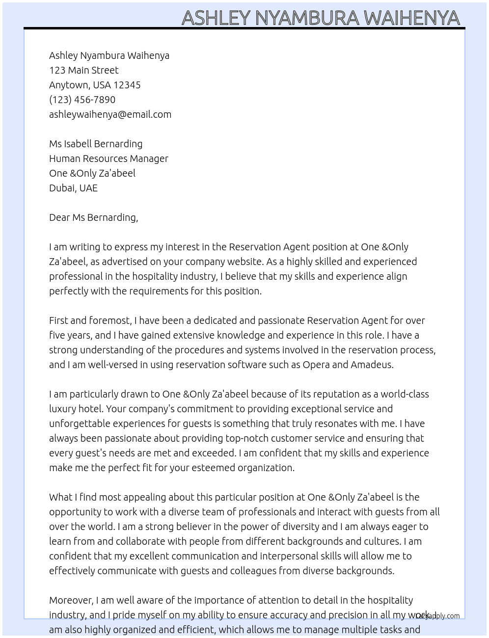 Reservation Agent  At One &Only Za'abeel  Cover Letter