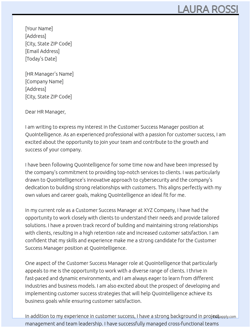 Customer success manager  At QuoIntelligence Cover Letter