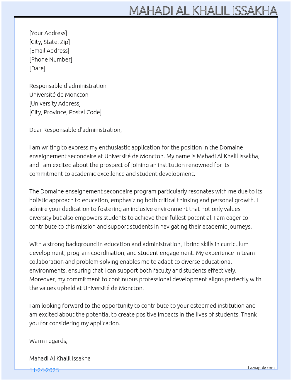 Cover letter for domaine enseignement secondaire - LazyApply