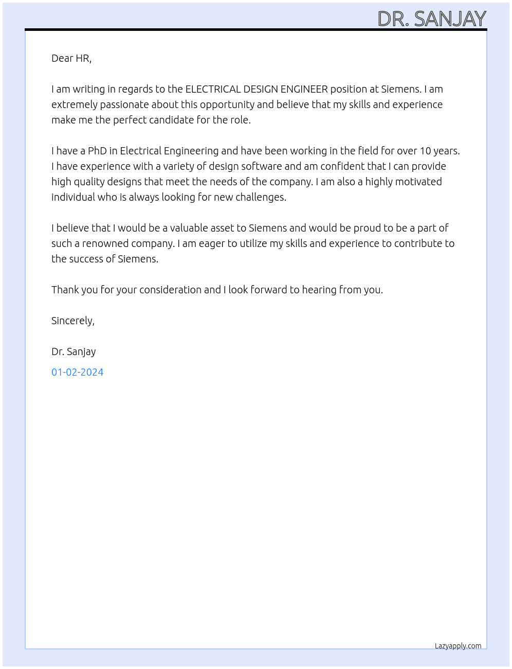 ELECTRICAL DESIGN ENGINEER At Siemens Cover Letter