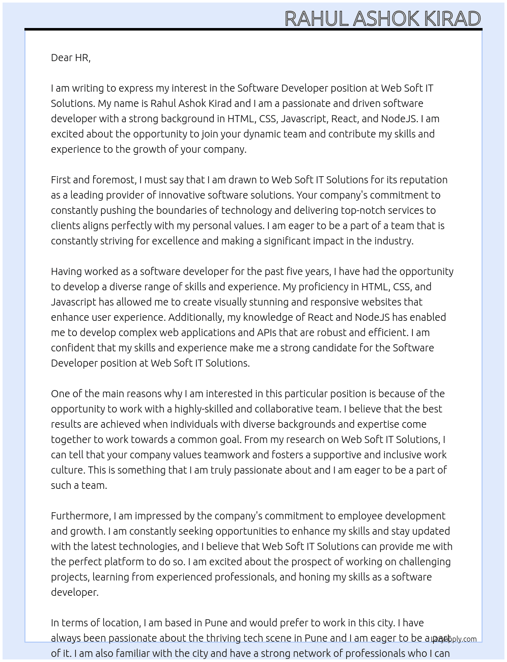 Software Developer At Web Soft IT Solutions Cover Letter