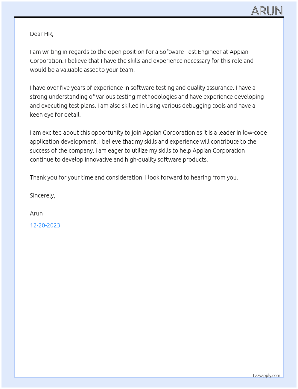 Software Test Engineer At Appian Corporation Cover Letter