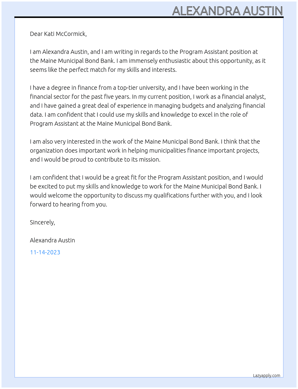Program Assistant  At Maine Municipal Bond Bank Cover Letter