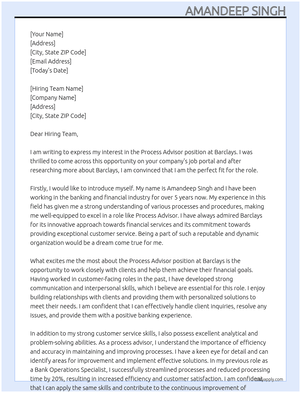 process advisor At barclays Cover Letter
