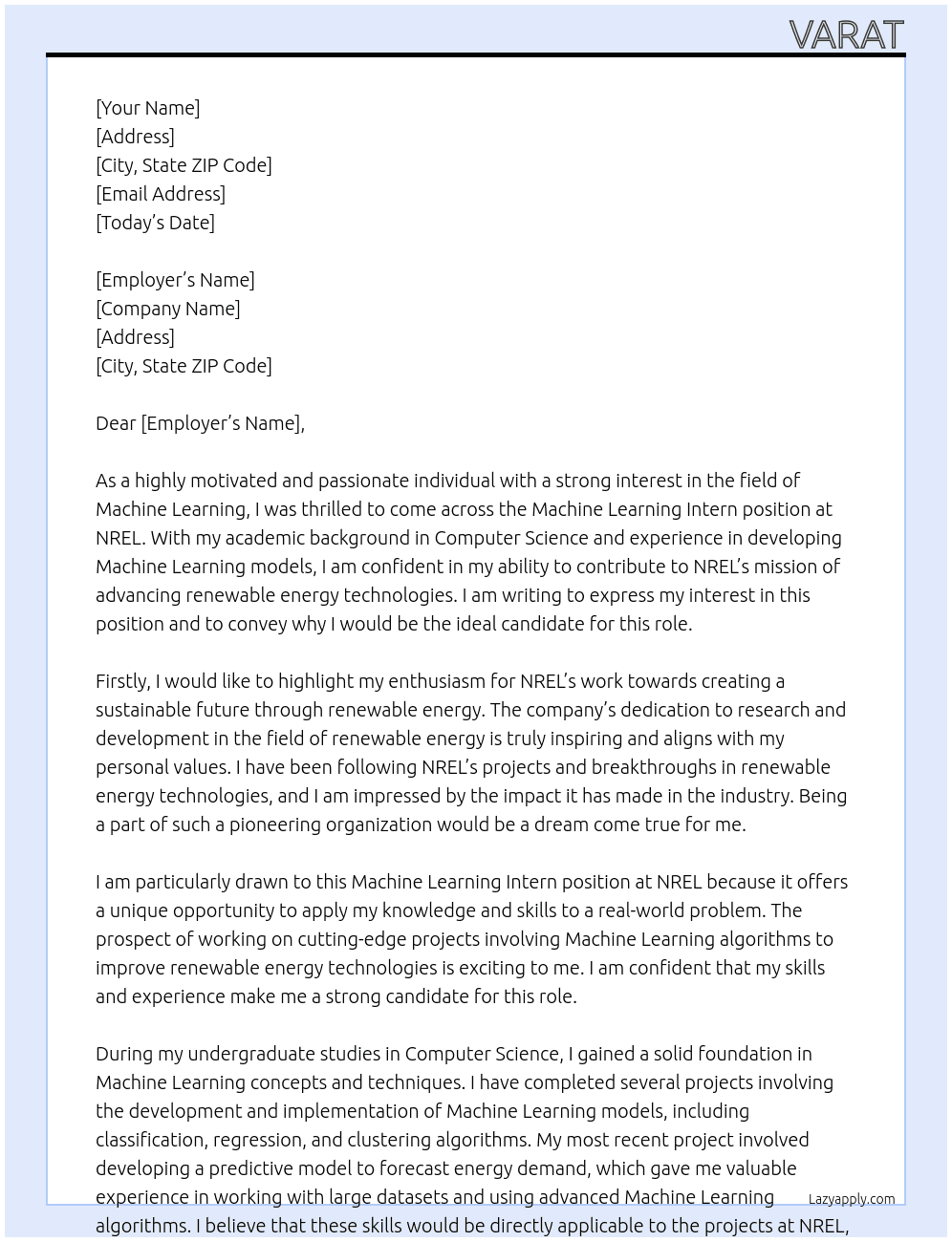 Machine Learning Intern At NREL Cover Letter