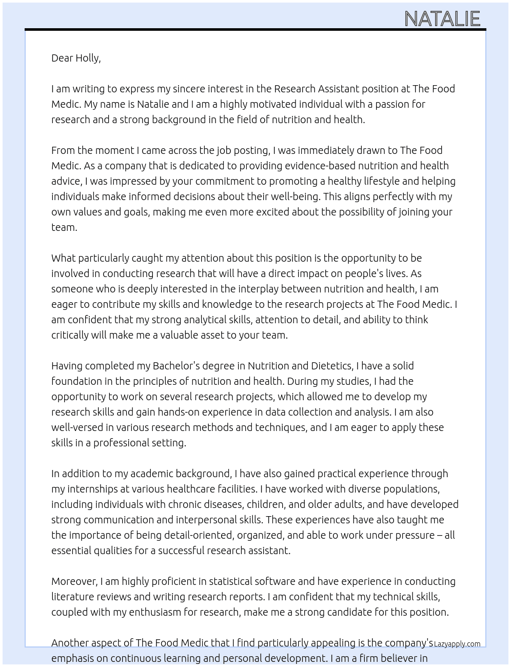 Research assistant  At The Food Medic  Cover Letter