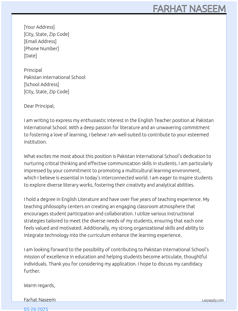 English Teacher At Pakistan International School Cover Letter