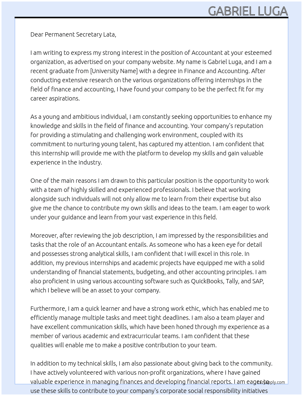 Accountant  At internship in the Field of Finance and Accounting Cover Letter