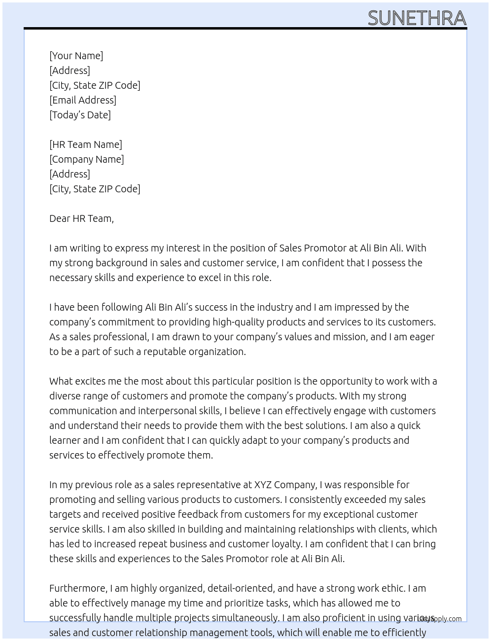 sales promotor At ali bin ali Cover Letter