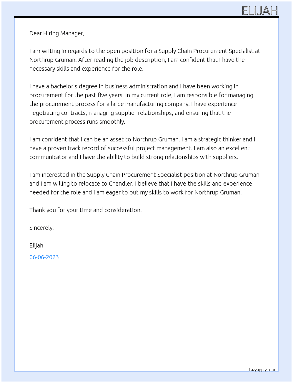 Supply Chain Procurement Specialist At Northrup Gruman Cover Letter
