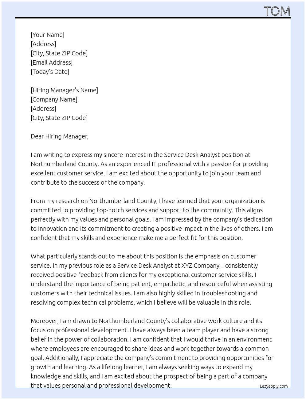 Service Desk Analyst At Northumberland County Cover Letter