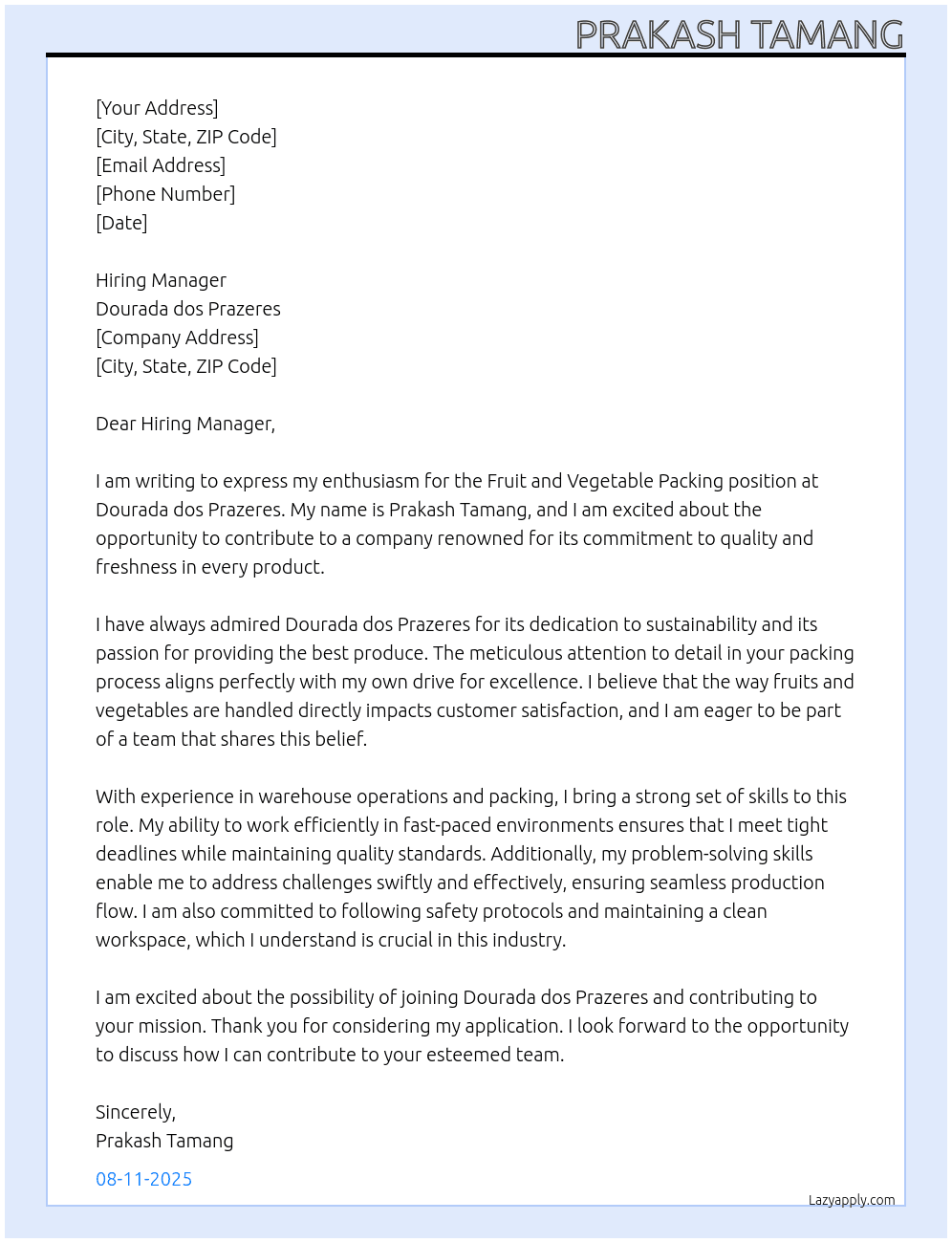 Cover letter for fruit and vegetable packing - LazyApply