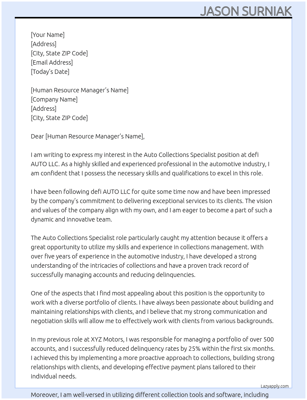 Auto Collections Specialist At defi AUTO LLC Cover Letter