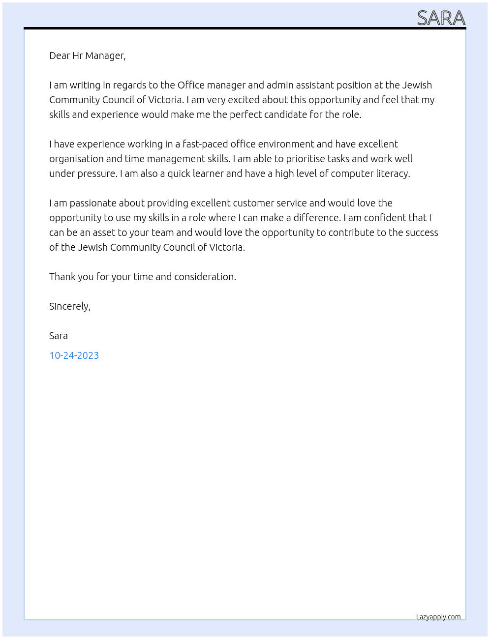 Office manager and admin assistant At Jewish Community Council of Victoria Cover Letter