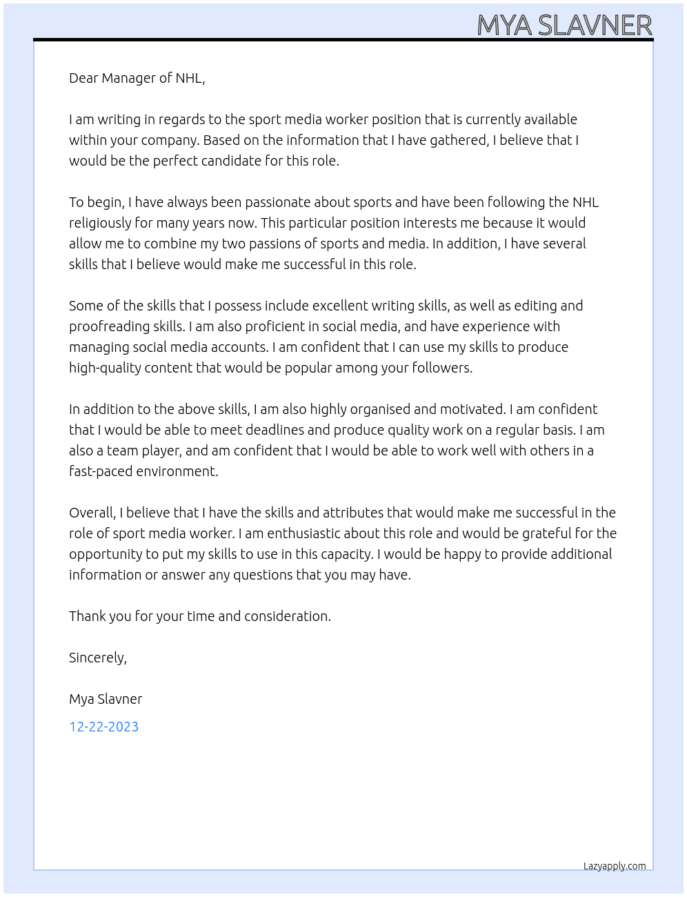 Sport media worker At NHL Cover Letter