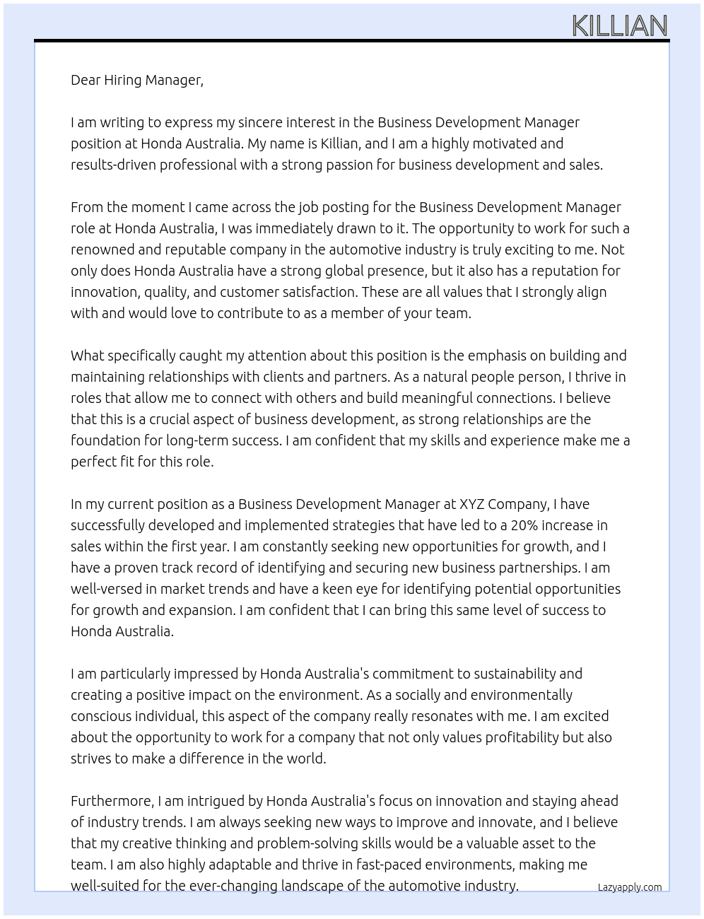 Business Development Manager At Honda Australia Cover Letter