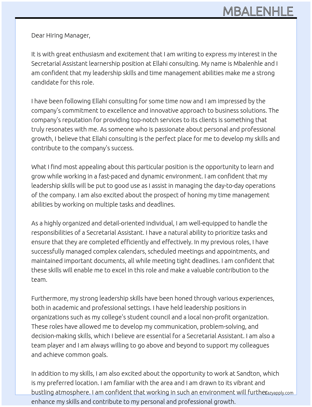 Secretarial Assistant learnership  At Ellahi consulting  Cover Letter