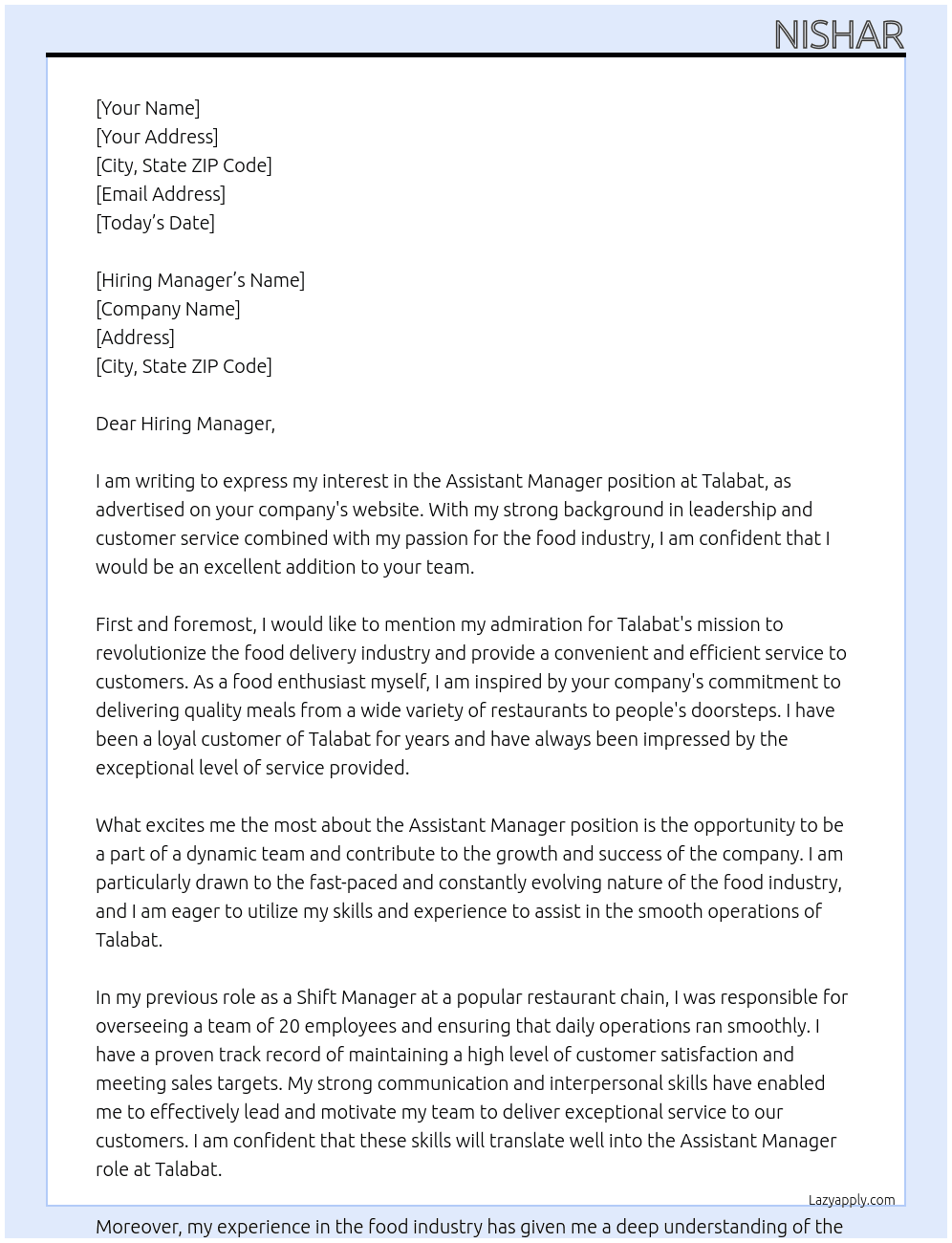 Assistant manager  At Talabat  Cover Letter