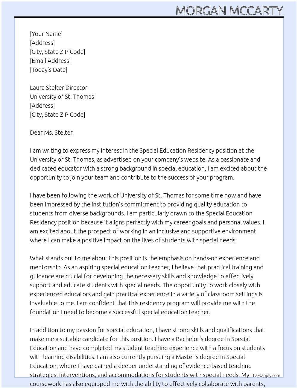 Special Education Residency At University of St. Thomas Cover Letter