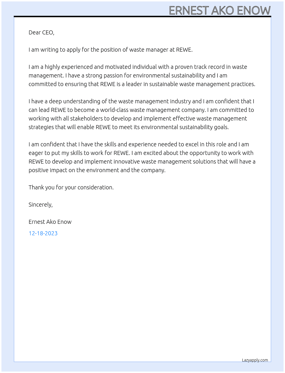 waste manager At REWE Cover Letter