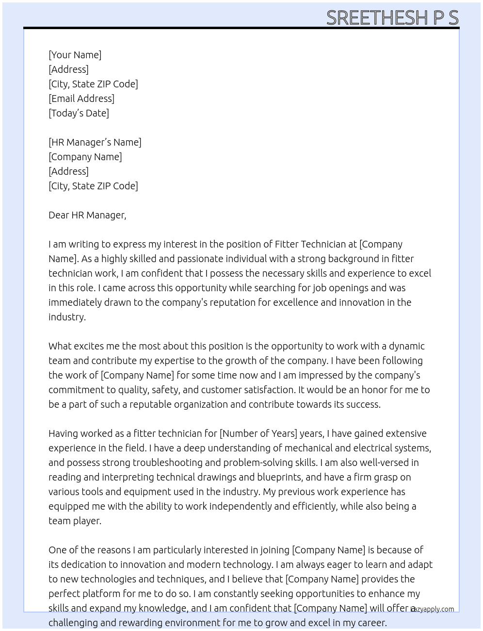 Fitter technician At Nill Cover Letter