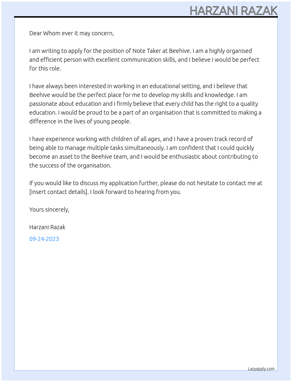 Note Taker At Beehive Cover Letter