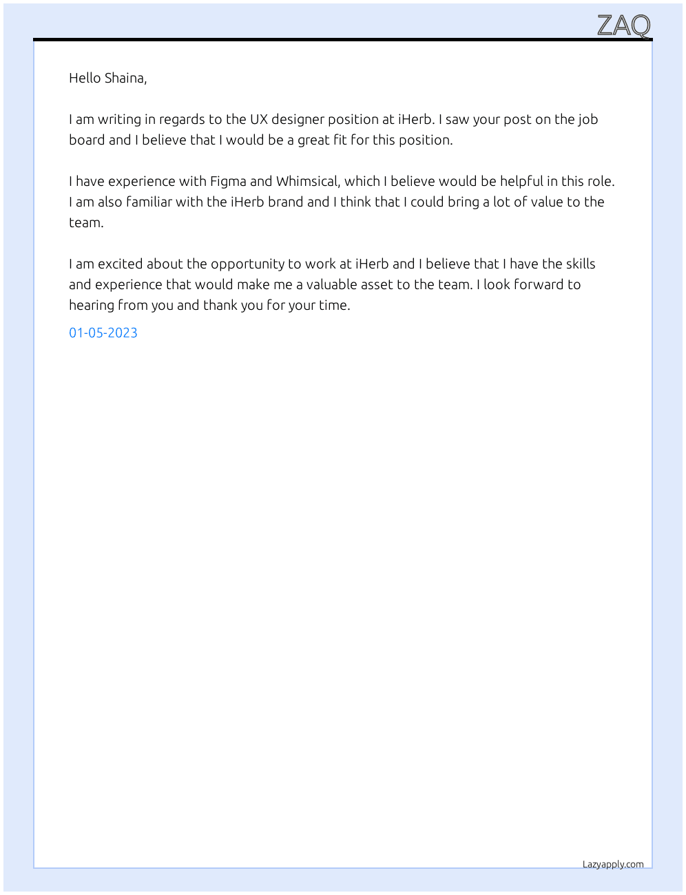 UX designer At iHerb Cover Letter