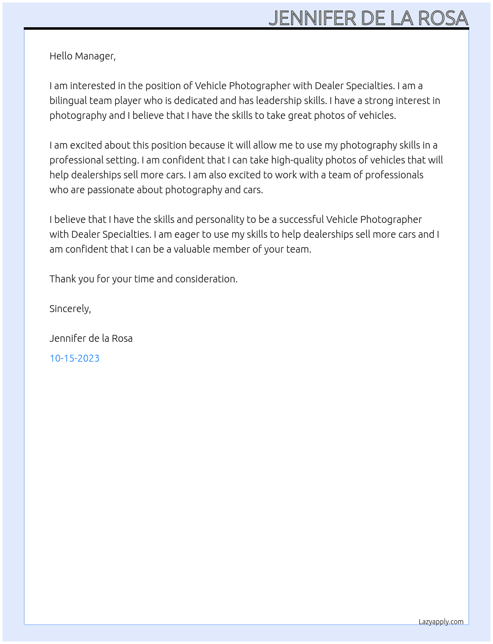 Vehicle Photographer  At Dealer Specialties Cover Letter