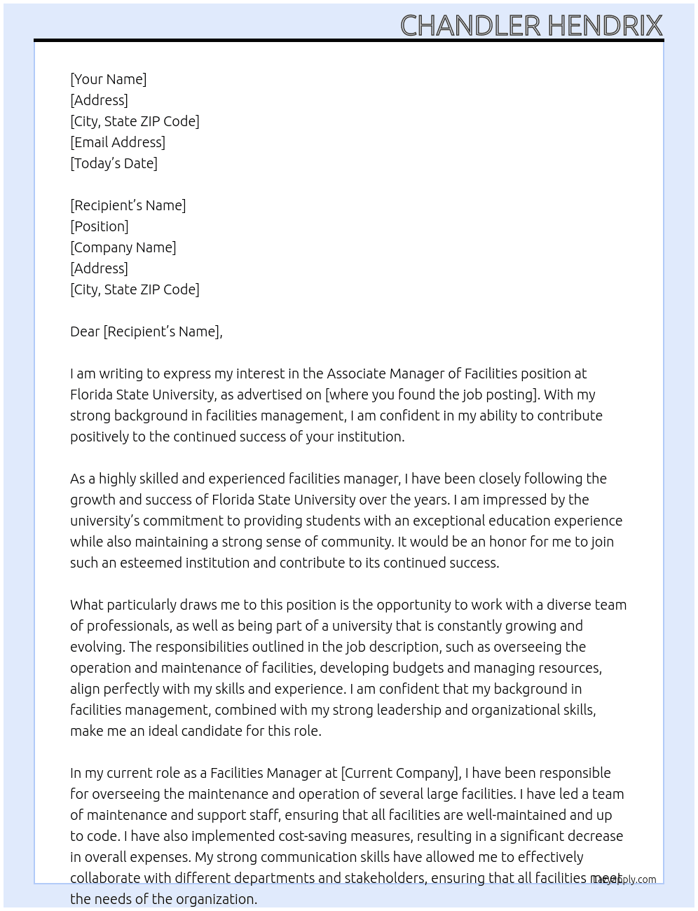 Associate Manager of Facilities At Florida State University  Cover Letter