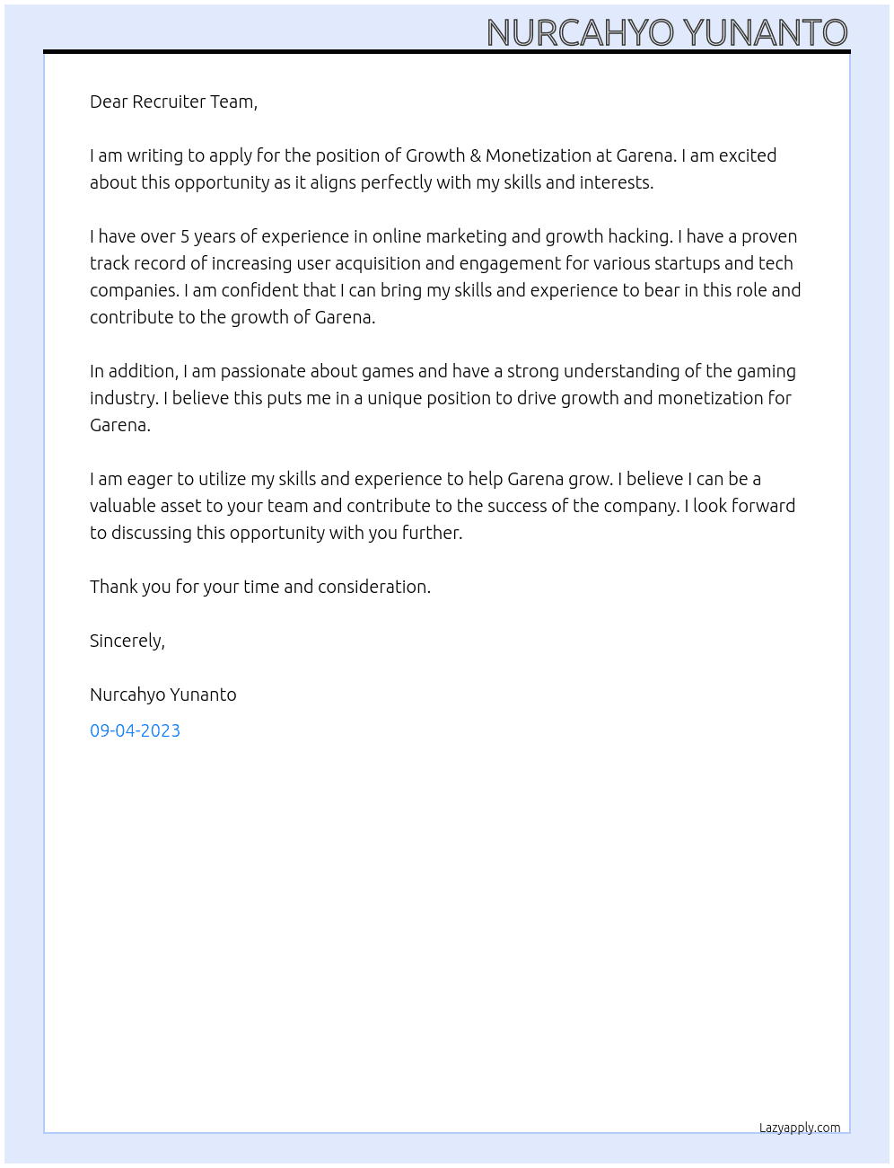 Growth & Monetization At Garena Cover Letter