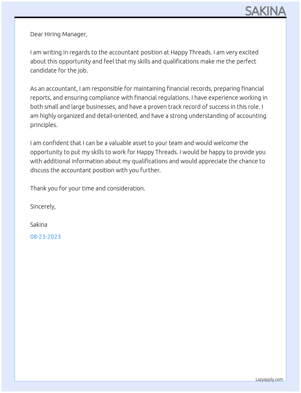 accountant At Happy Threads Cover Letter